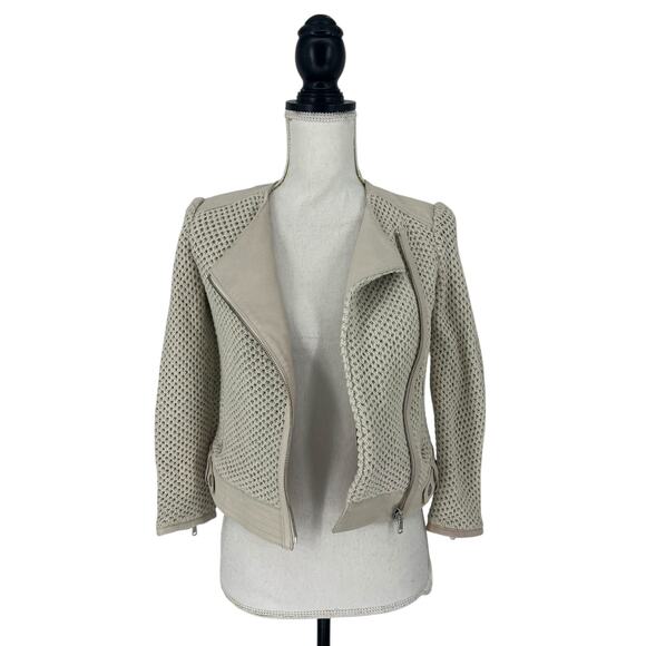 Joie Crochet Knit Lamb Leather Trim Jacket in Cream - Picture 4 of 14